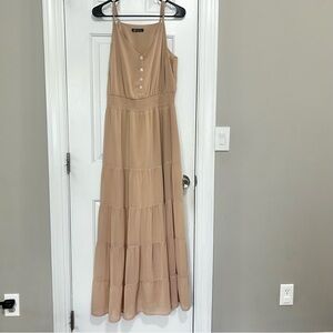 Elegant Tan Maxi Dress with Button Accents